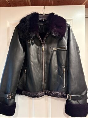 Generation Love Black Leather Jacket with Black Faux Fur Trim L